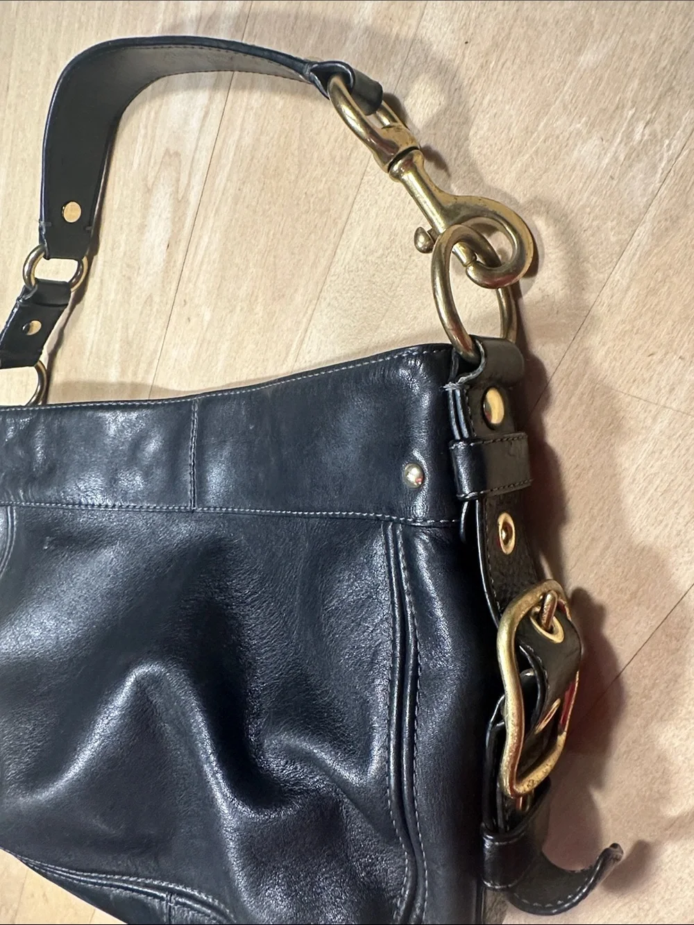 Coach Zoe Black Leather Hobo Shoulder Bag with Gold Hardware